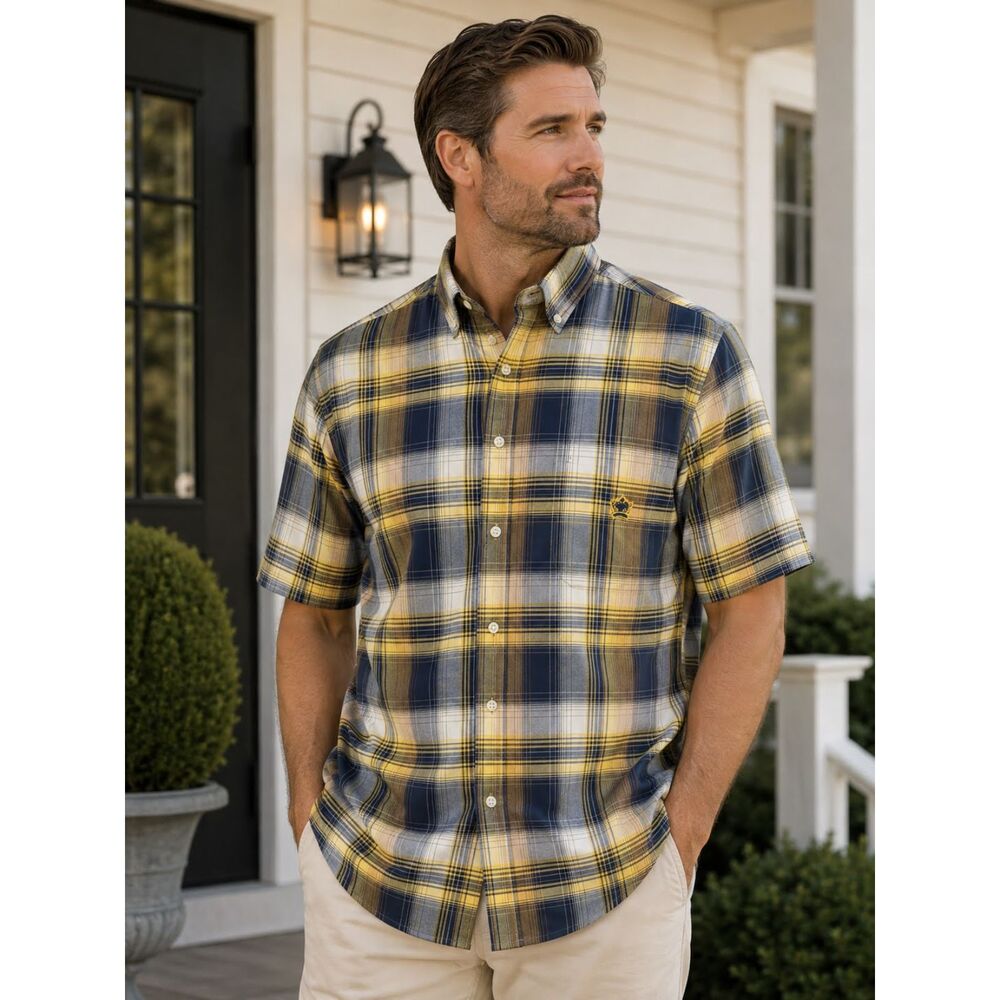 Cinch Men Plaid Short Sleeve Button Down Western Shirt Yellow Navy Blue Sz Large